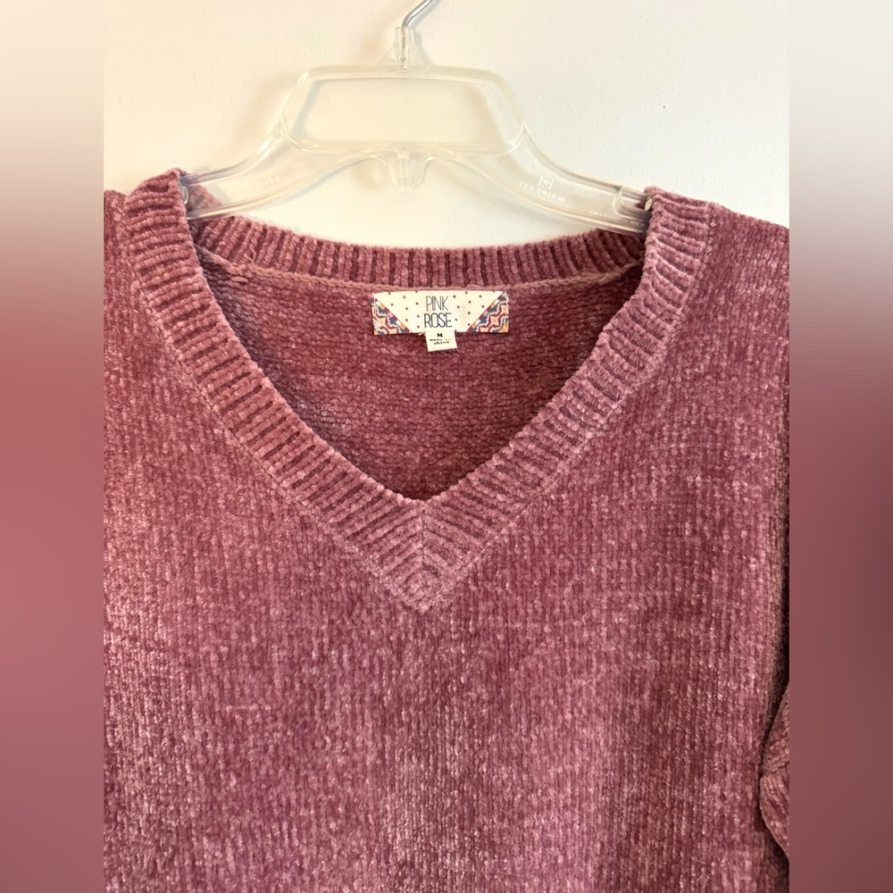 Pink Rose pink chenille V neck sweater M - Picture 3 of 4